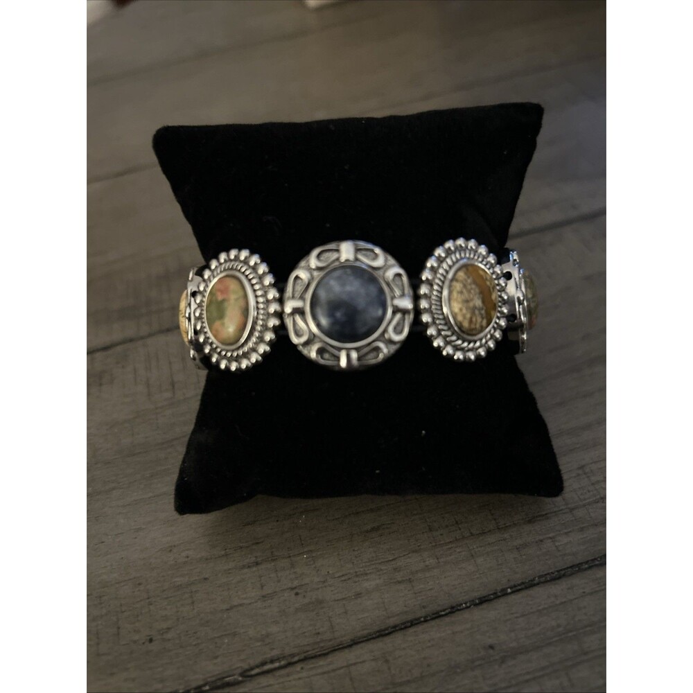 Multi-Color Stone In Silver Metal Setting Stretch Bracelet